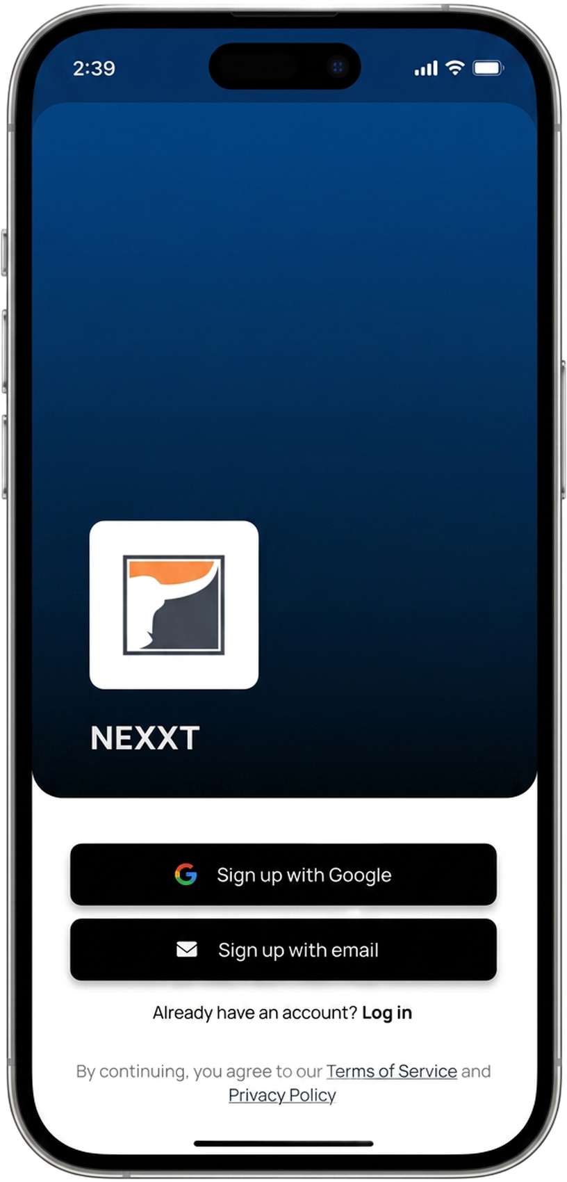 Nexxt app sign-up screen on an iPhone